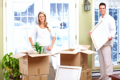 Packed boxes and furniture ready for a home move in Maryland