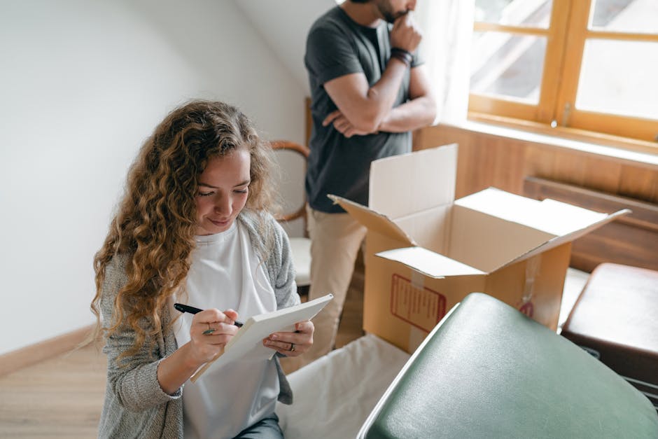 A young woman with curly brown hair, wearing a grey cardigan over a white top, is seated inside a room with natural light streaming through a large window, and she is writing on a notepad with a pen. Behind her, a man dressed in a grey t-shirt and beige trousers is standing near an open cardboard box, which is placed on a bed or table, and is holding his chin with one hand, appearing to be planning or contemplating. The room contains packing materials such as plastic wrapping and cardboard boxes, with some boxes partially filled with packed items, indicating an active home relocation process. Visible furniture includes a green surface, possibly a mattress or a piece of furniture, and a wooden chair is partially visible in the background. The scene depicts a home moving or packing situation where Man with Van Maryland is providing removals services, focusing on the logistics of packing and preparing household items for transport during a furniture transport or home relocation.